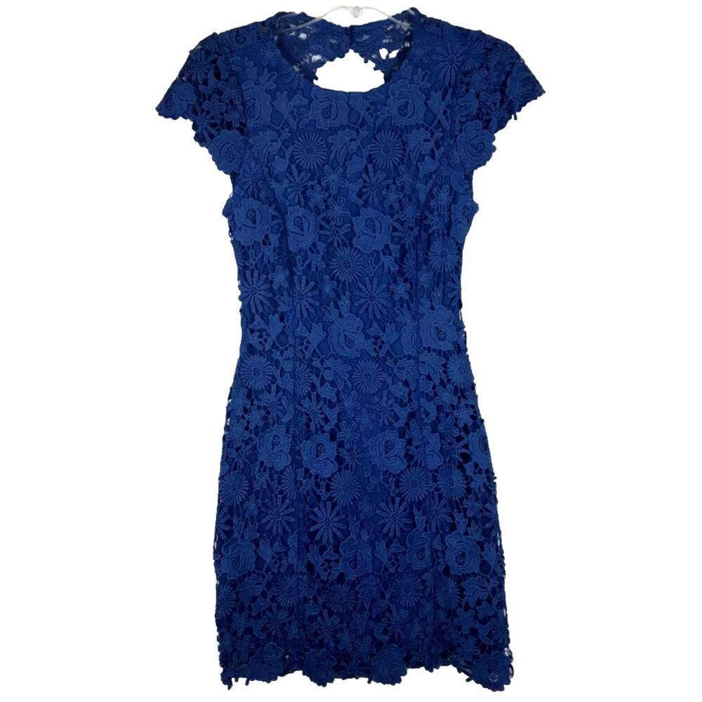 Lulus XS Backless Lace Mini Dress Cap Sleeve Bodycon‎ Lined Navy Blue Cocktail